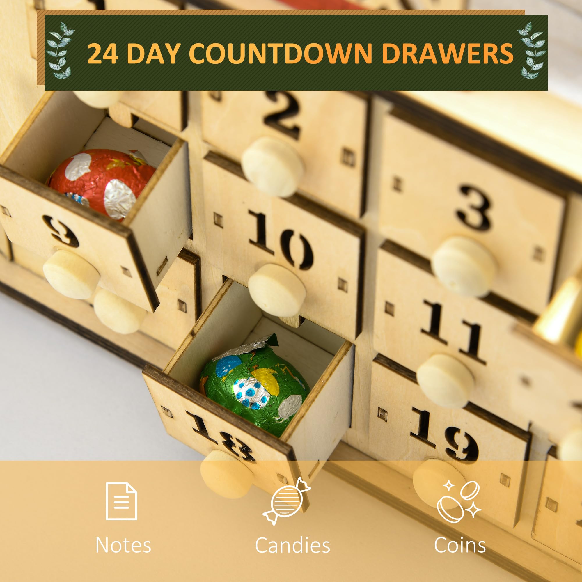 HOMCOM Wooden Christmas Advent Calendar, Light Up Table Holiday Decoration with 24 Countdown Drawers and LED Lights for Kids and